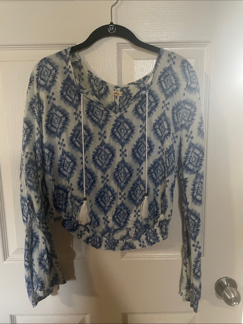 Hollister Blue and White Ikat Tie-Front Tunic Top